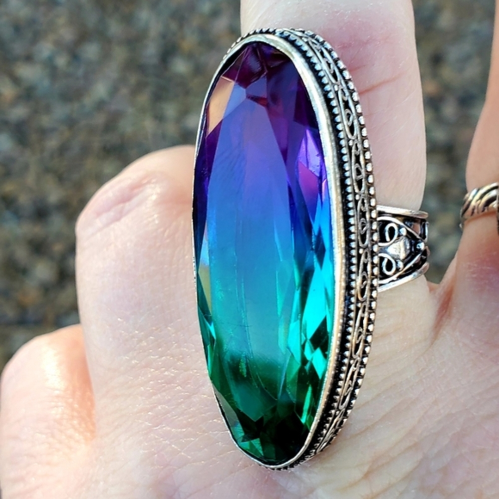 New Amazing Bi-Color Tourmaline 925 Silver Statement Ring.